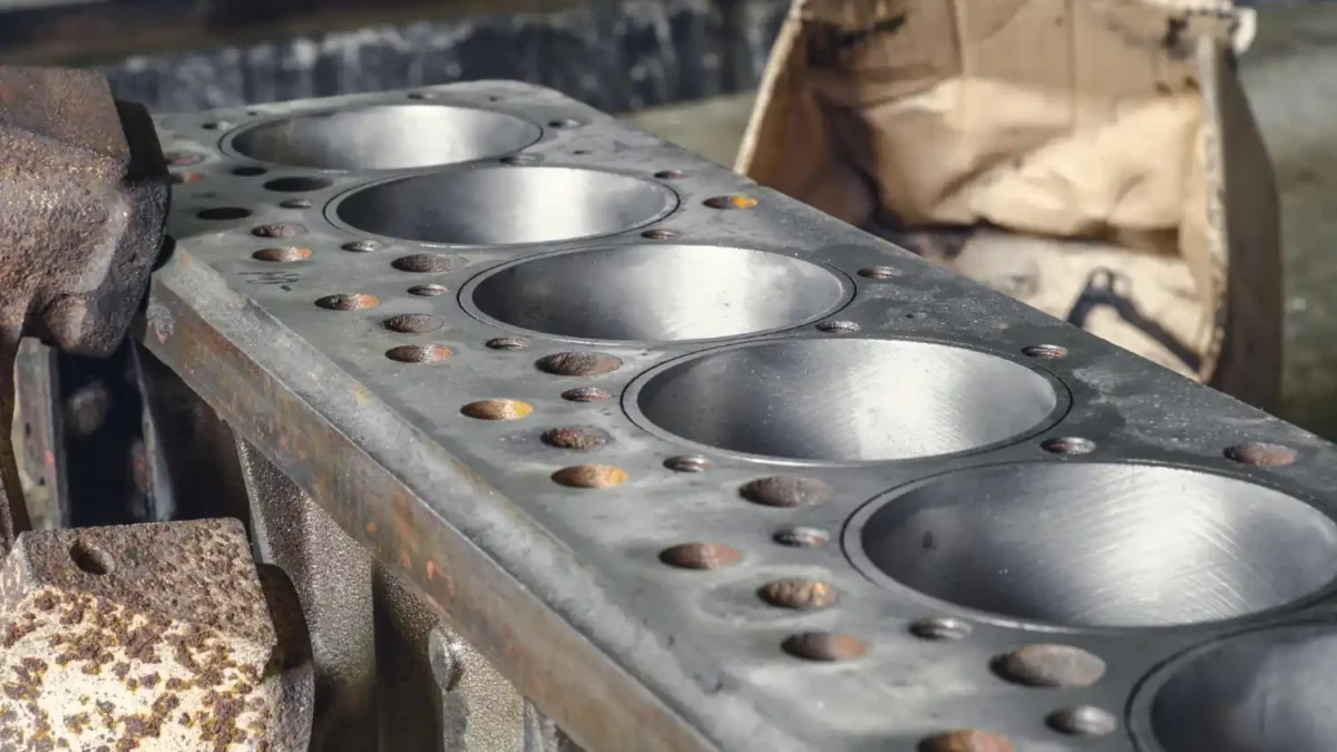 Detalhe aproximado de um bloco de motor de ferro fundido, mostrando os orifícios dos cilindros e parafusos enferrujados na superfície. A peça parece antiga e desgastada, com uma textura robusta, em um ambiente de oficina ou fábrica.