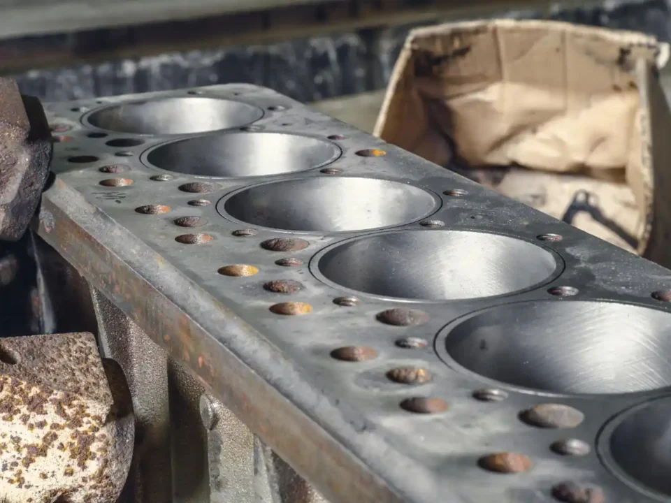 Detalhe aproximado de um bloco de motor de ferro fundido, mostrando os orifícios dos cilindros e parafusos enferrujados na superfície. A peça parece antiga e desgastada, com uma textura robusta, em um ambiente de oficina ou fábrica.