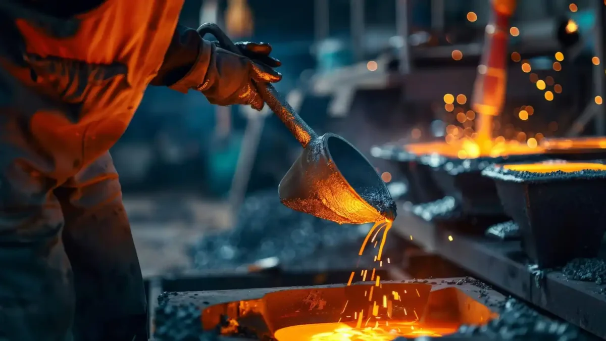 Funcionário despejando metal líquido em molde durante processo de fundição por gravidade em ambiente industrial.