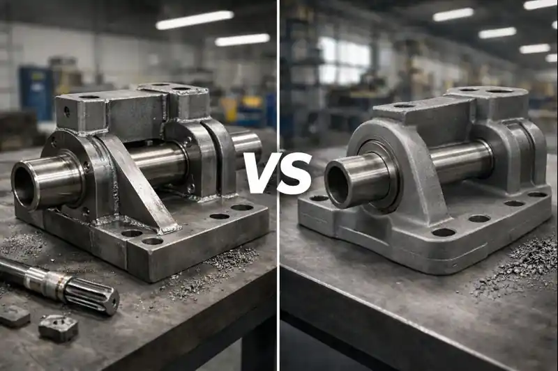 Comparação entre mancal usinado e soldado à esquerda e mancal fundido em peça única à direita, com mesma geometria funcional, destacando diferenças de processo de fabricação.
